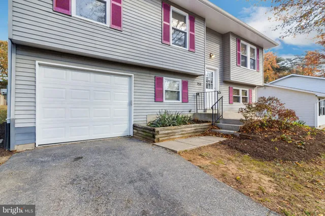 a view of a house with a yard and potted plants