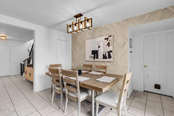 a view of a dining room with furniture