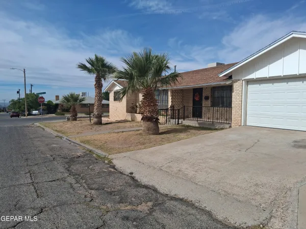 a group of palm trees in front of house