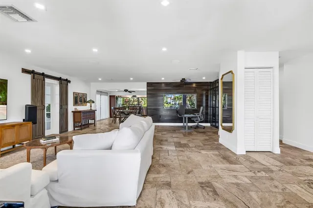 a living room with furniture and a potted plant