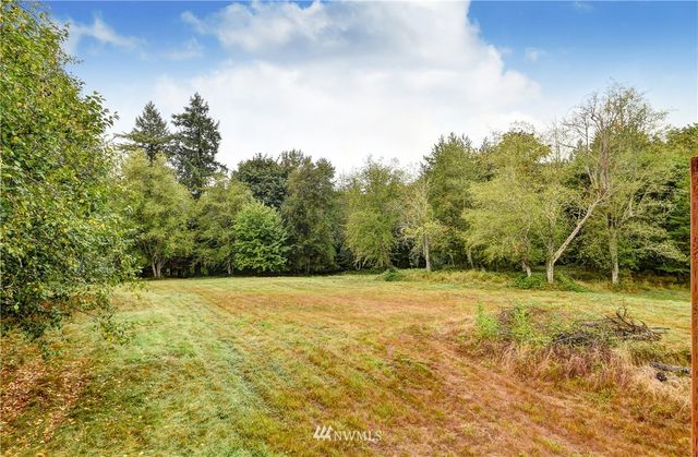 a view of a field with trees in the background