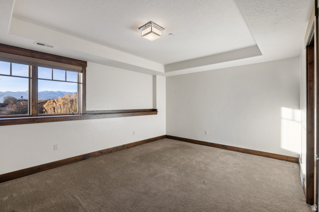 707 Chimney Rock Road, Unit 247 Heber City, UT 84032 - Photo 30 of 64 Carpeted spare room featuring a tray ceiling, a mountain view, and a textured ceiling