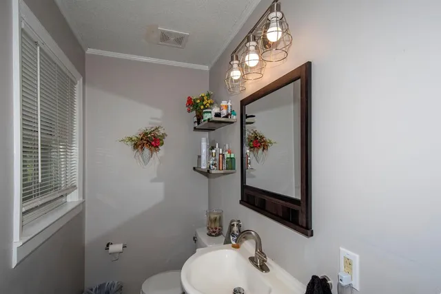 a bathroom with a sink mirror and toilet