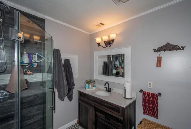 a bathroom with a sink vanity and a mirror