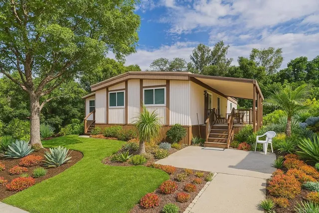 a house with green field in front of it