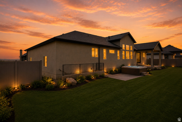 728 East Mountain Road North Ogden, UT 84414 - Photo 25 of 28 Spacious backyard featuring a manicured lawn, an integrated hot tub on a paved patio, and established landscape lighting