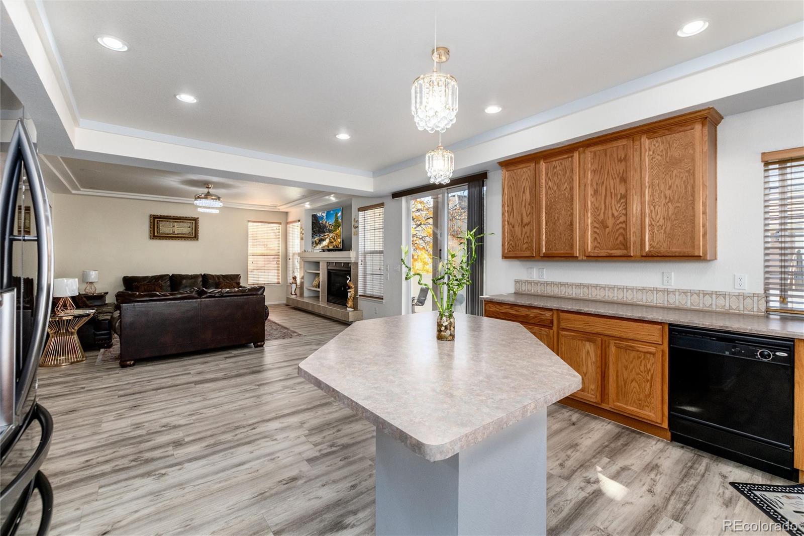 5293 Malaya Street Denver, CO 80249 - Photo 17 of 44 a large kitchen with stainless steel appliances granite countertop a lot of counter space and wooden floor