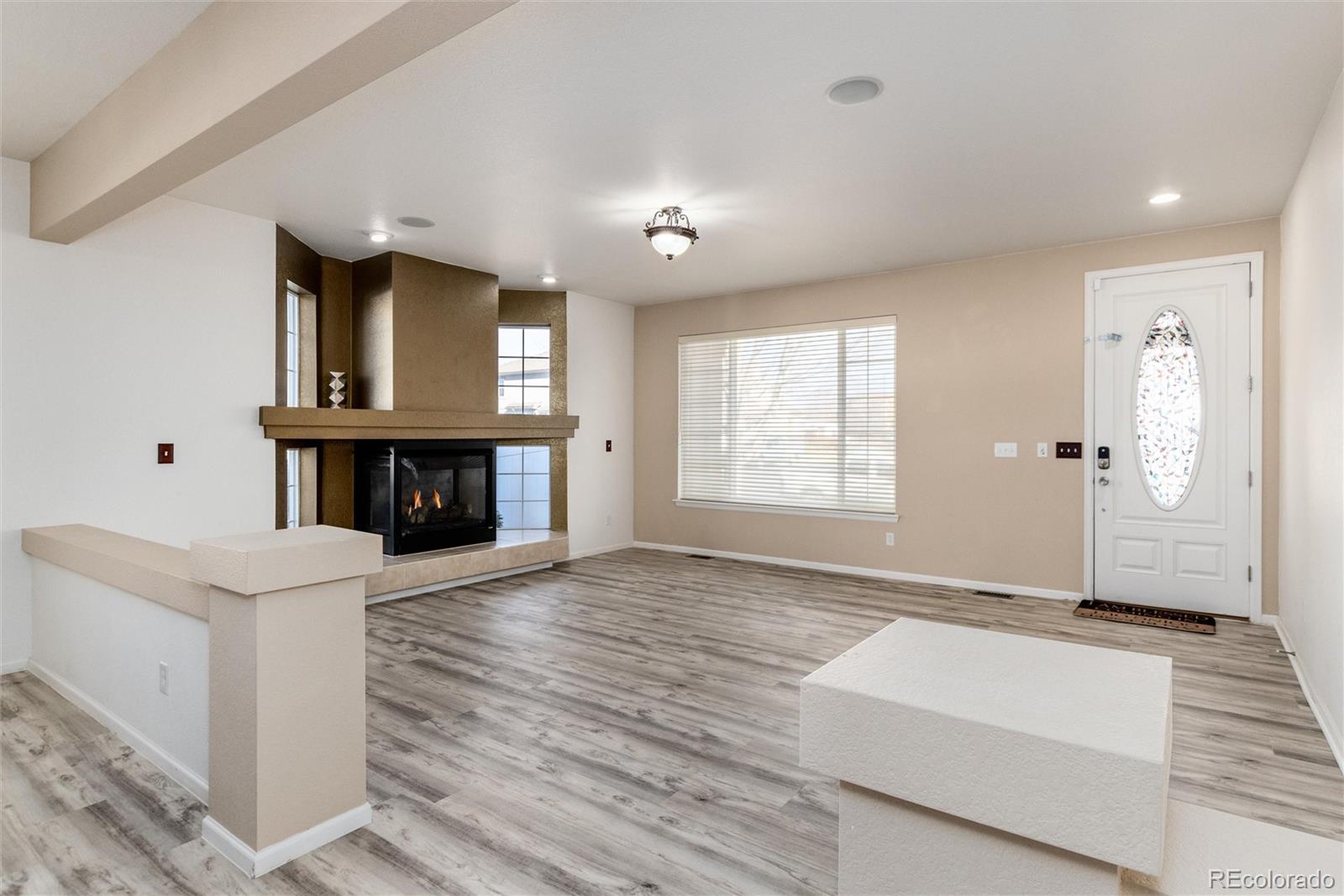 5293 Malaya Street Denver, CO 80249 - Photo 6 of 44 a living room with furniture and a fireplace