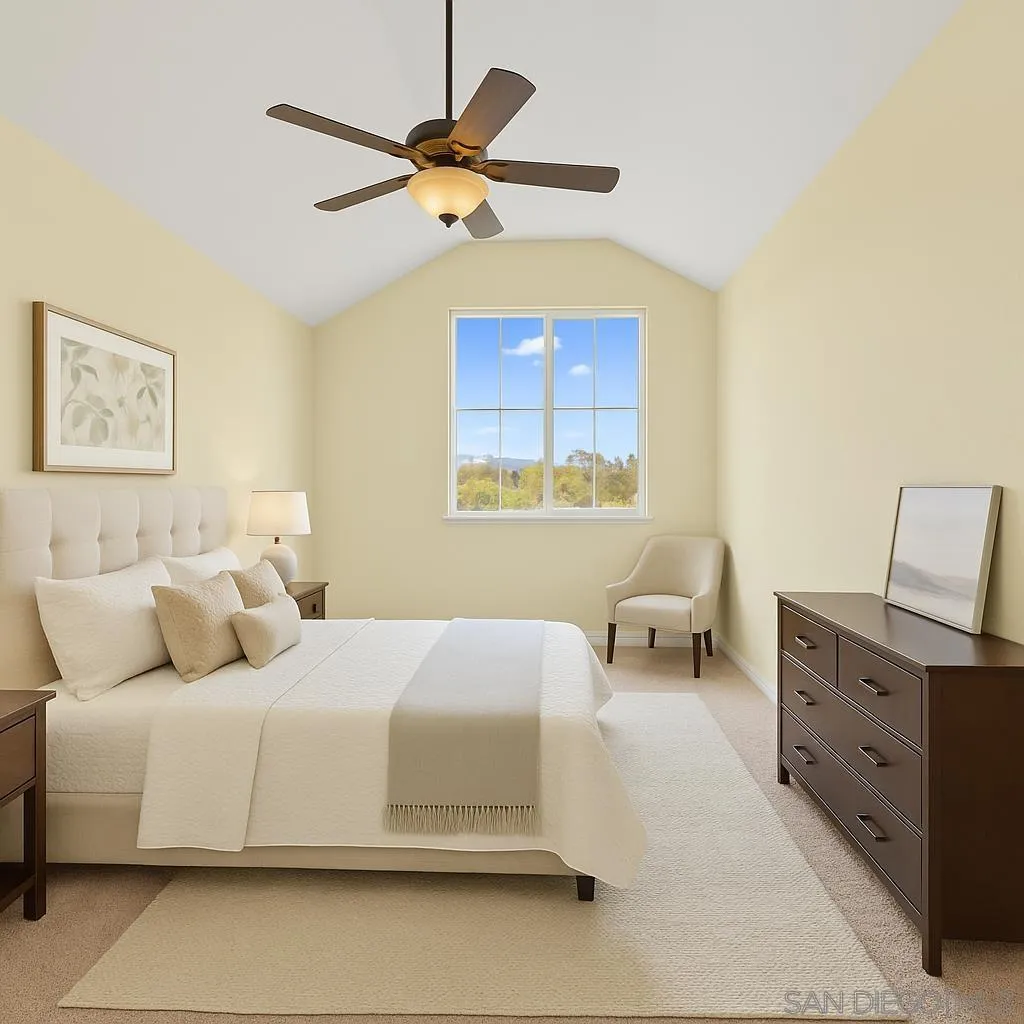 622 Brae Mar Court Encinitas, CA 92024 - Photo 19 of 24 a bedroom with a bed and a chandelier