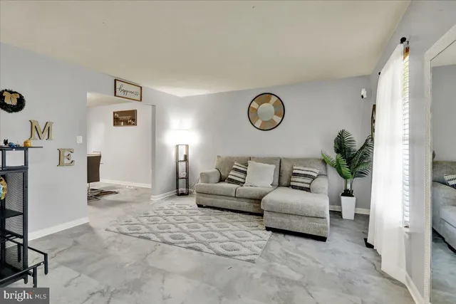 a living room with furniture a couch and a potted plant