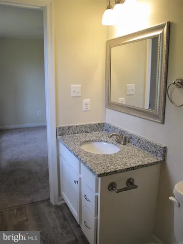 a bathroom with a granite countertop sink and a mirror
