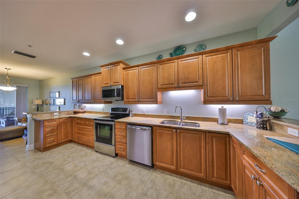 1030 Bellasol Way, Unit 302 Apollo Beach, FL 33572 - Photo 11 of 39 a kitchen with stainless steel appliances granite countertop a sink stove and refrigerator