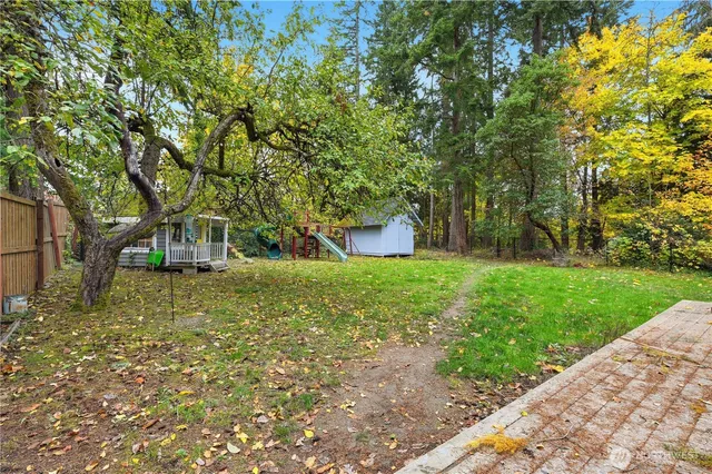 a backyard of a house with plants and large trees