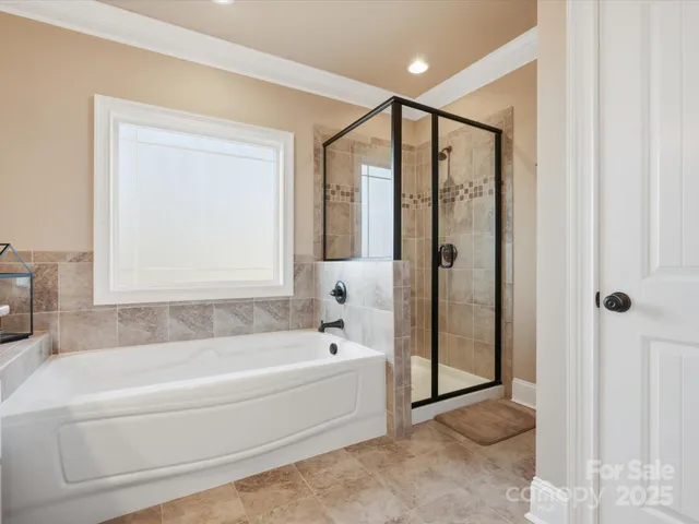 a bathroom with a bathtub and a shower