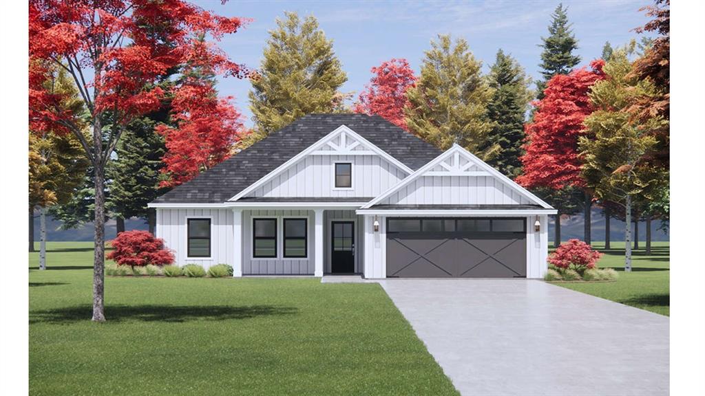 View of front facade featuring board and batten siding, a front yard, driveway, a porch, and a garage