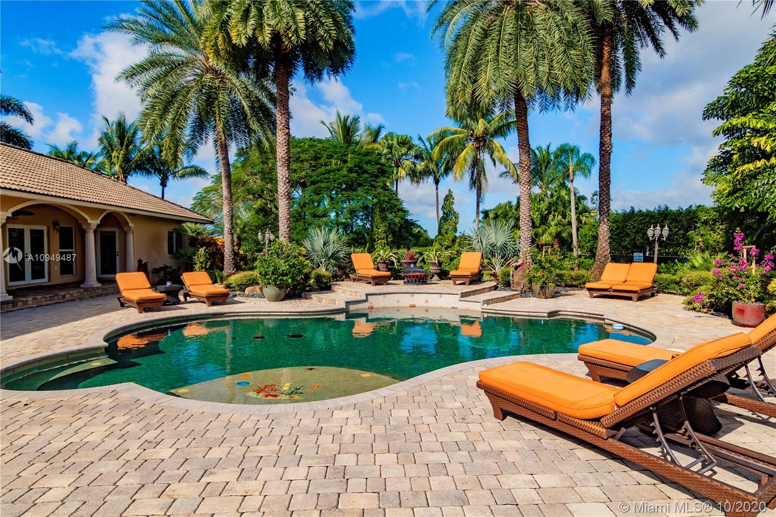 a view of a swimming pool with lounge chairs in a patio