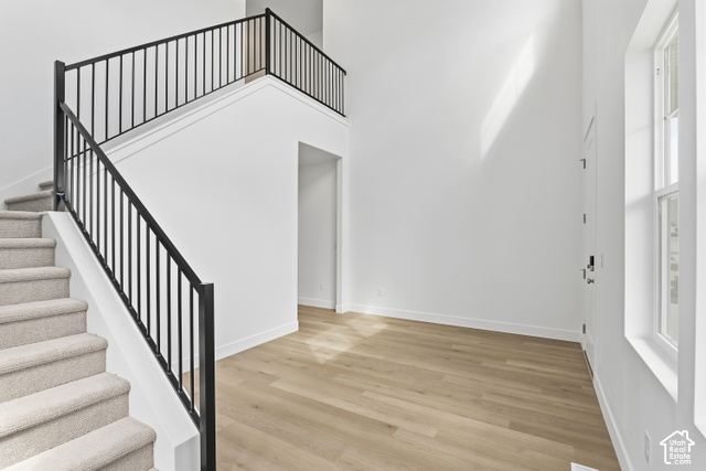 79 South Crimson Way West, Unit 307 Mapleton, UT 84664 - Photo 5 of 42 Two-story entry with wood-finish flooring, a carpeted staircase, and black metal railings