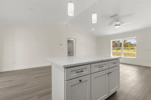 a view of cabinets a wooden floor and windows