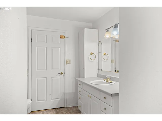 a bathroom with a sink vanity and a mirror