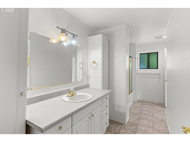 a bathroom with a sink a mirror and a shower