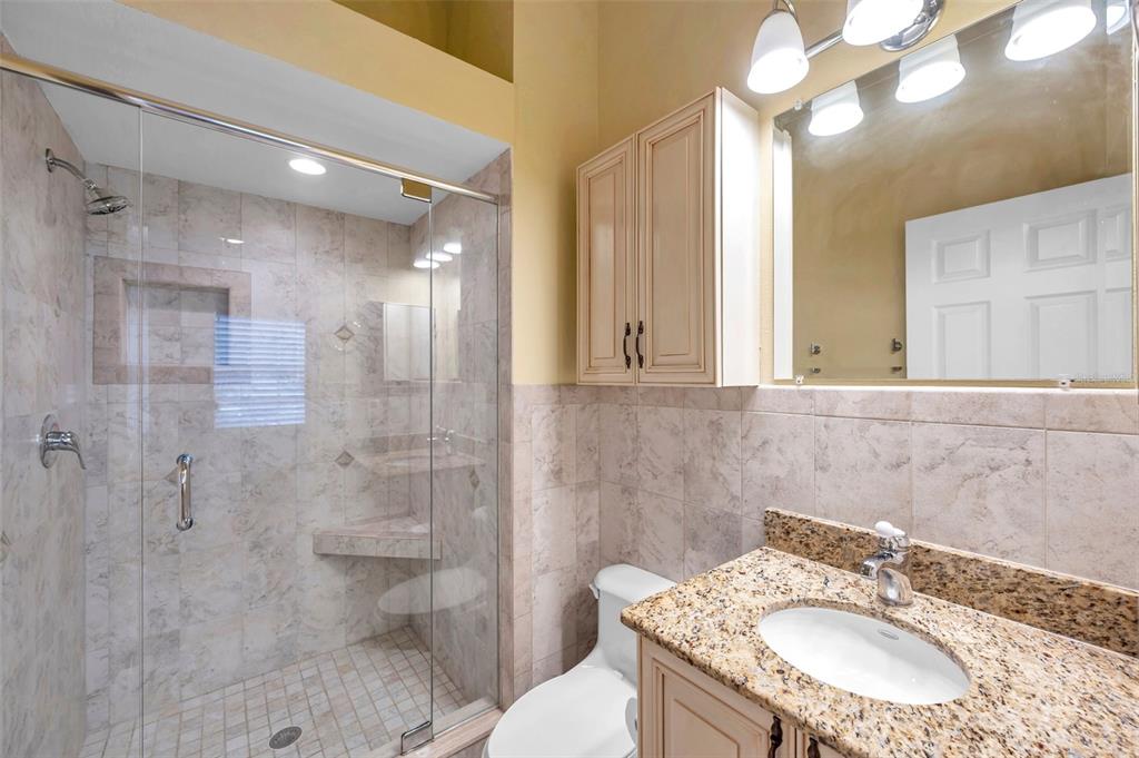 2739 Enterprise Road East, Unit 1 Clearwater, FL 33759 - Photo 16 of 20 a bathroom with a granite countertop sink a toilet a mirror and shower