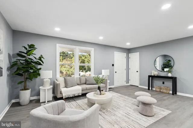 a living room with furniture and a potted plant