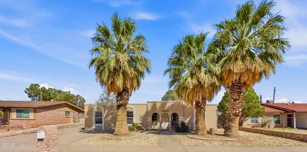 front view of a house with a palm tree