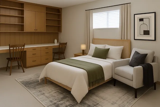 a bedroom with a bed and cabinet