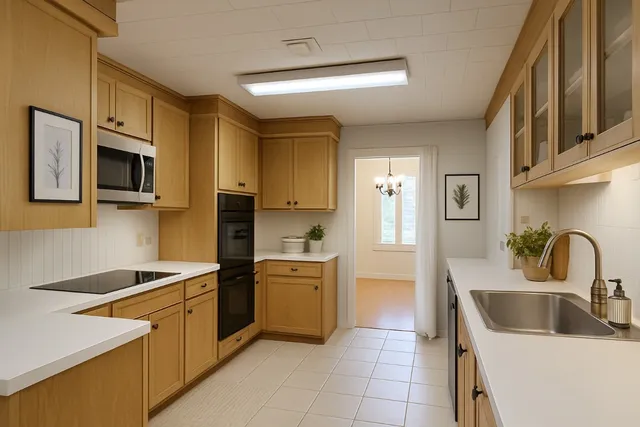 a kitchen with stainless steel appliances granite countertop a sink a stove top oven a refrigerator with grey cabinets