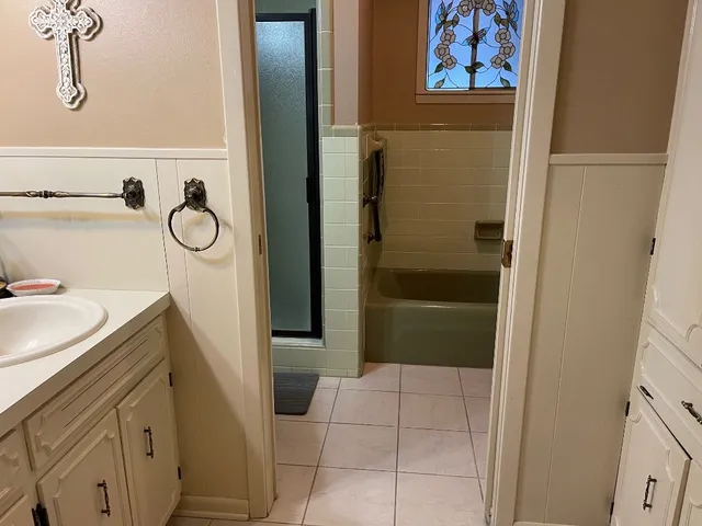 a bathroom with a shower and a sink