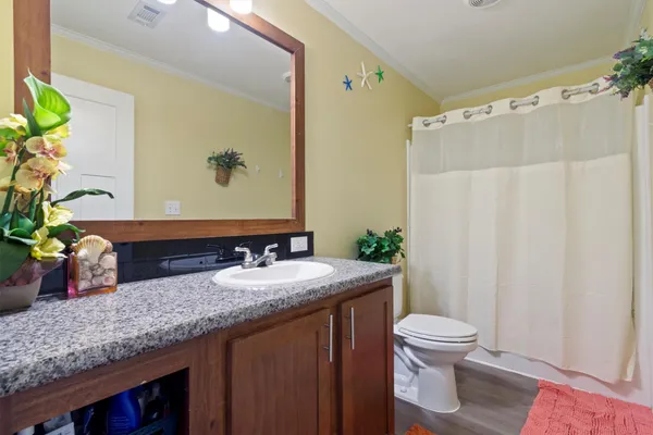 a bathroom with a granite countertop sink a toilet and a mirror