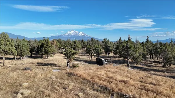 a view of a yard with a mountain view