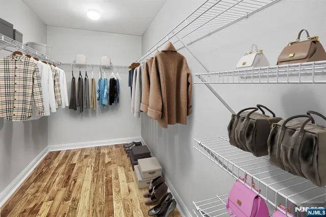 a view of walk in closet with clothes and shoes