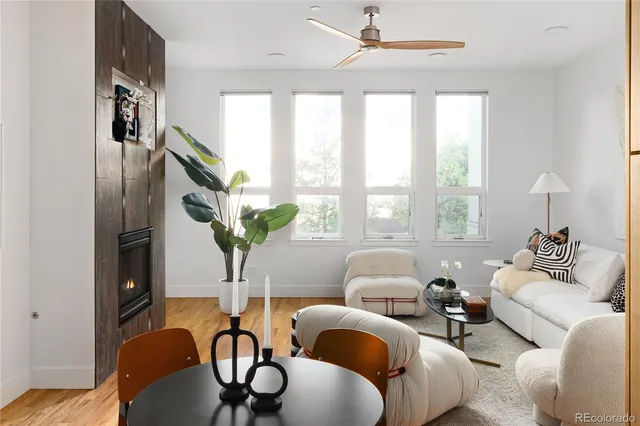 a living room with furniture potted plant and a large window