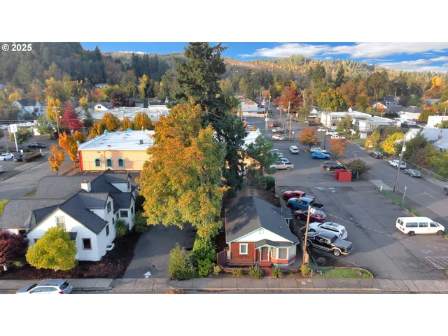 an aerial view of a house with a garden