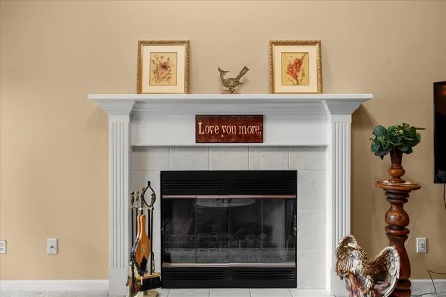 a living room with a fireplace and a potted plant