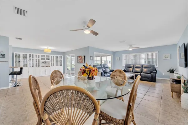 a view of a dining room with furniture