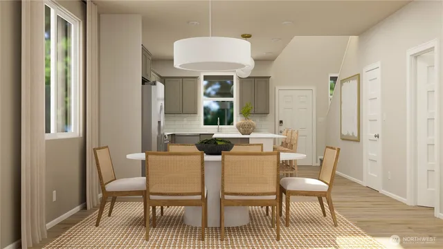 a view of a dining room with furniture