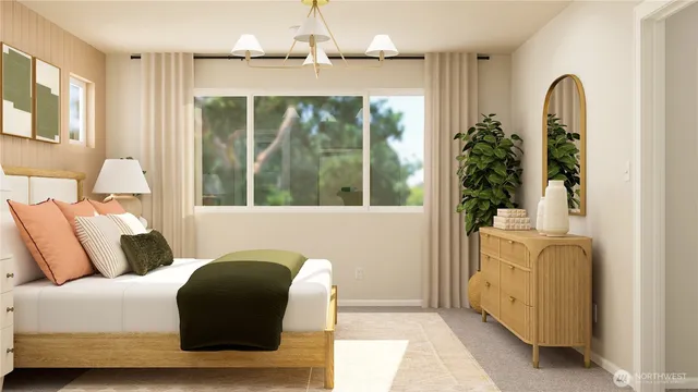 a living room with furniture and potted plants