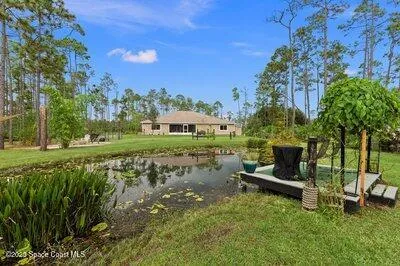 a view of a big house with a big yard and potted plants in front of it