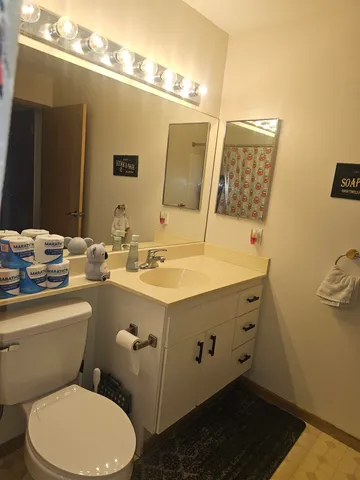 a bathroom with a sink mirror vanity and toilet