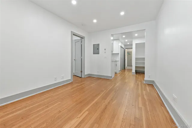 a view of empty room with wooden floor