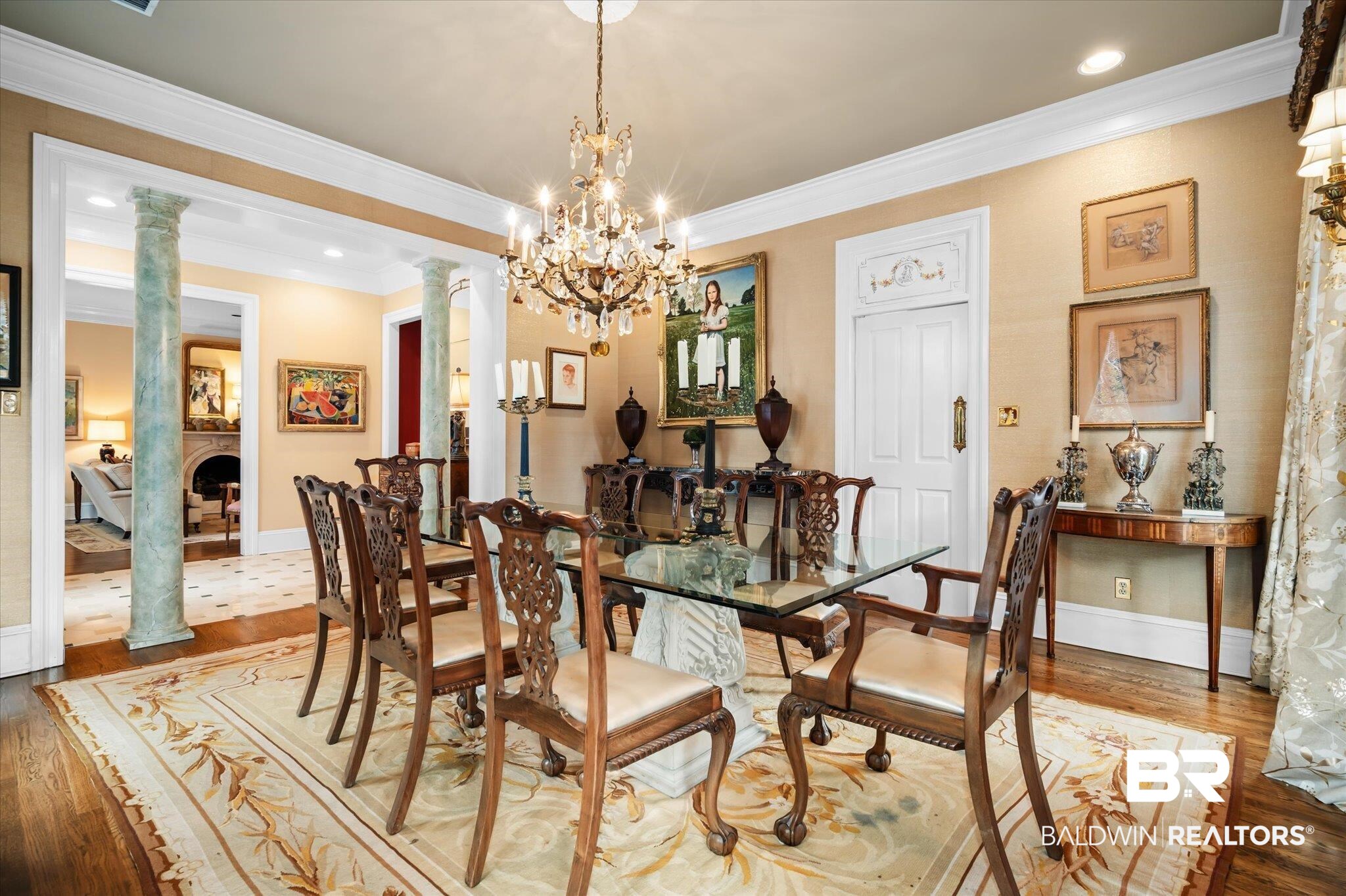 354 Dogwood Lane Mobile, AL 36608 - Photo 4 of 44 Dining area featuring ornamental molding, hardwood / wood-style floors, and ornate columns