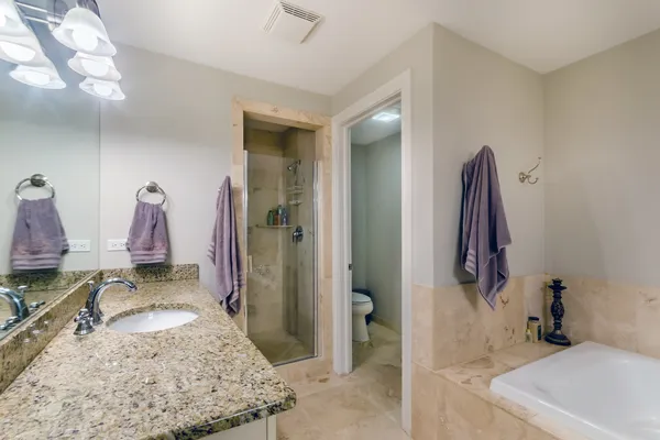 a bathroom with a sink a toilet and a shower