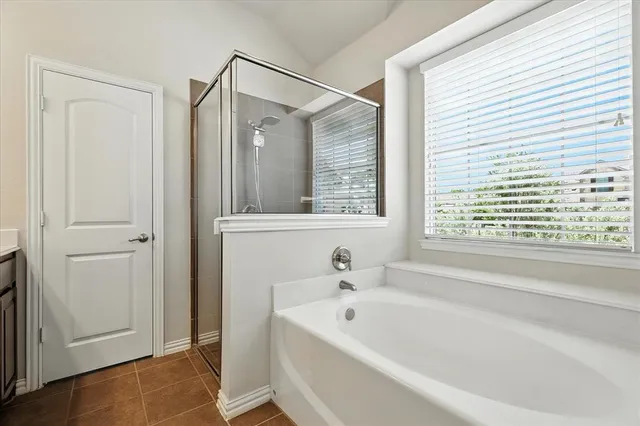 a bathroom with a bathtub and a shower