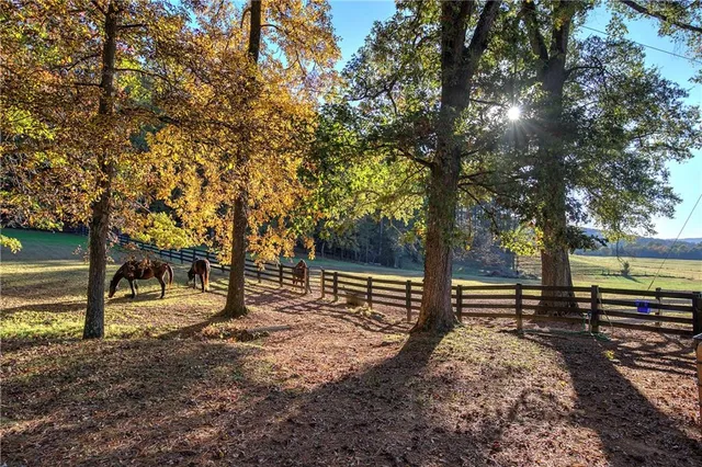 a view of an outdoor space with a large window
