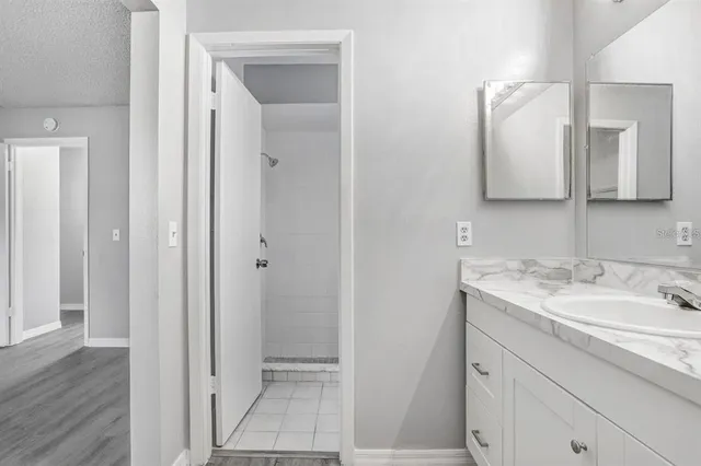 a bathroom with a sink and a mirror
