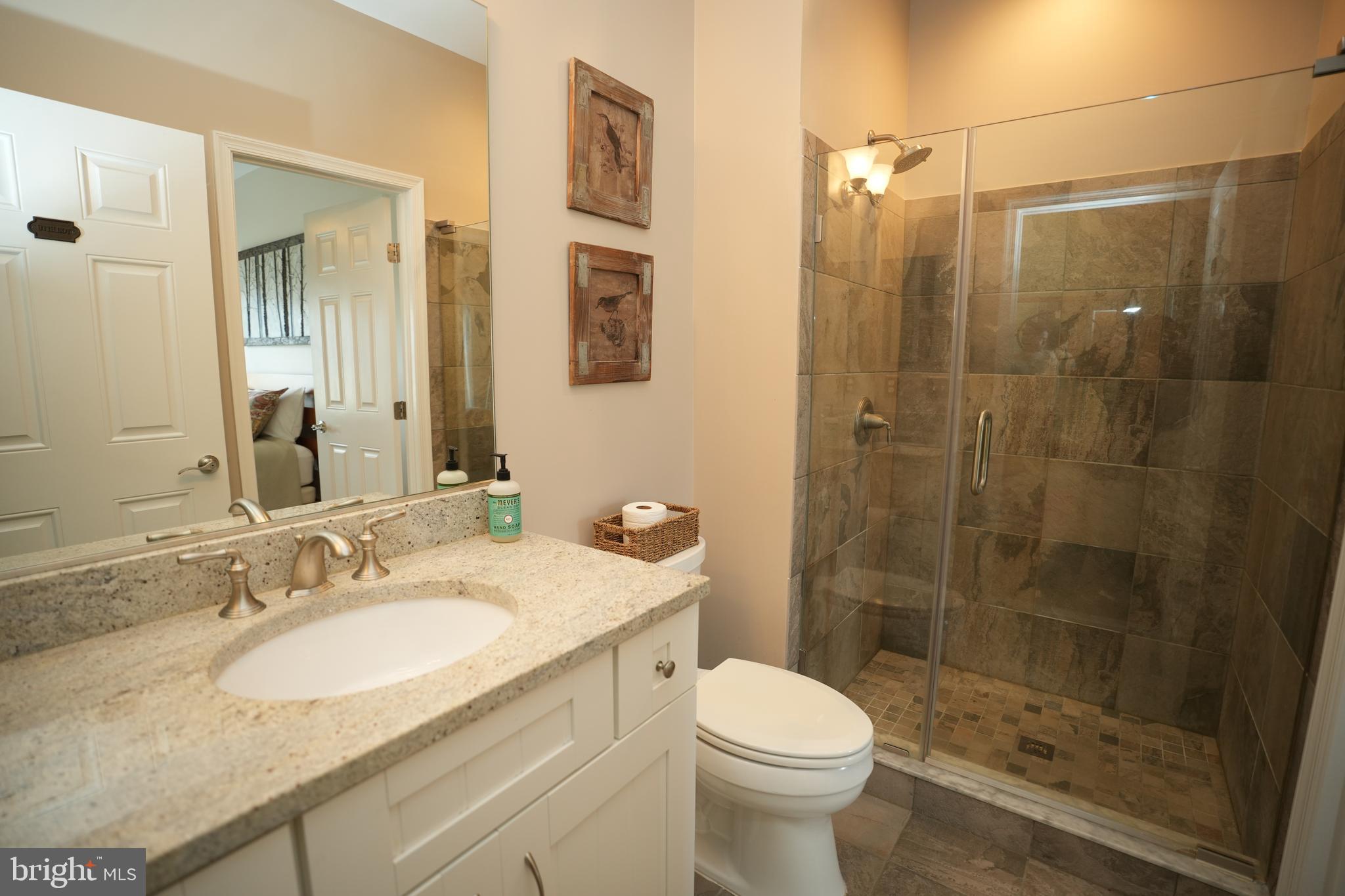 48830 Curleys Road Ridge, MD 20680 - Photo 32 of 65 a bathroom with a granite countertop sink toilet and shower