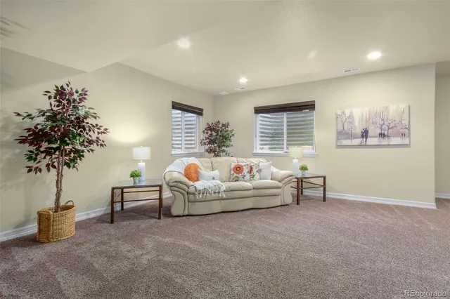 a living room with furniture and a potted plant