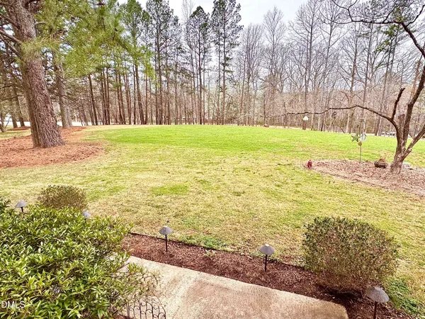 a view of swimming pool with large trees and wooden fence